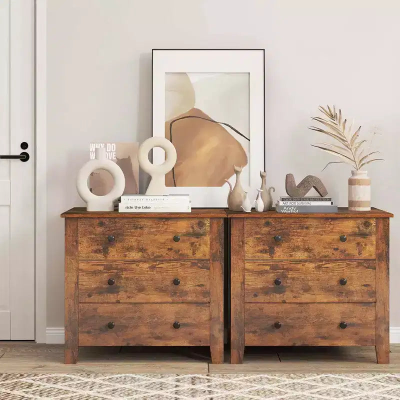 2 commodes à 3 tiroirs avec poignées pratiques, rails de guidage lisses, table d'appoint Noyer/Brun
