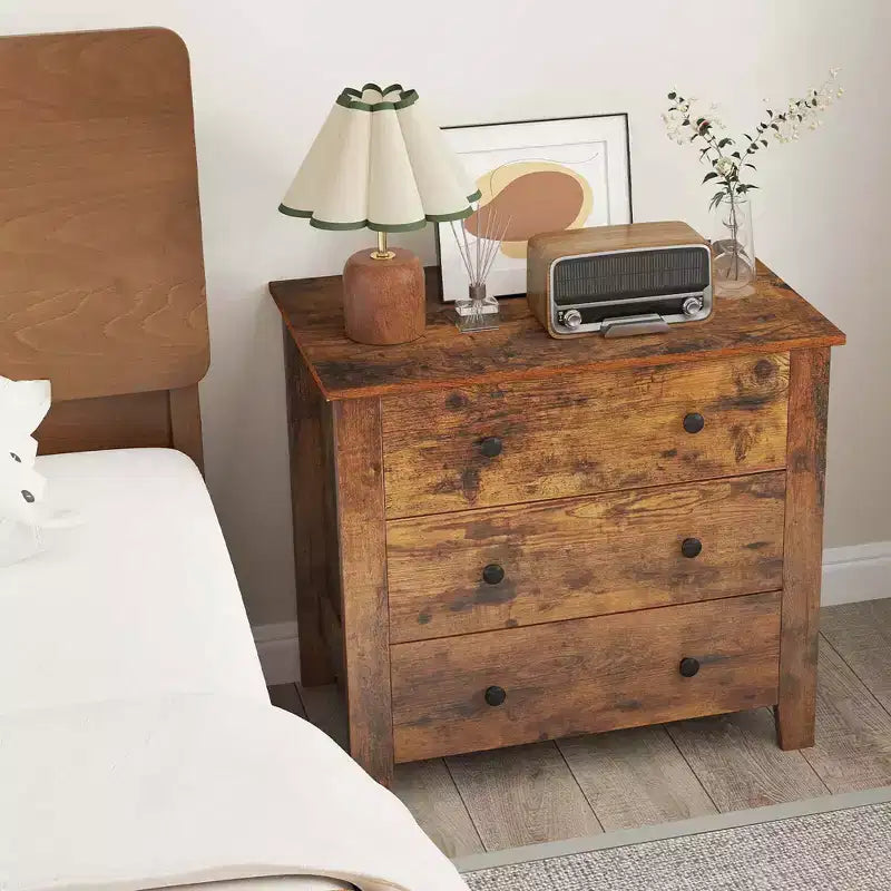 2 commodes à 3 tiroirs avec poignées pratiques, rails de guidage lisses, table d'appoint Noyer/Brun