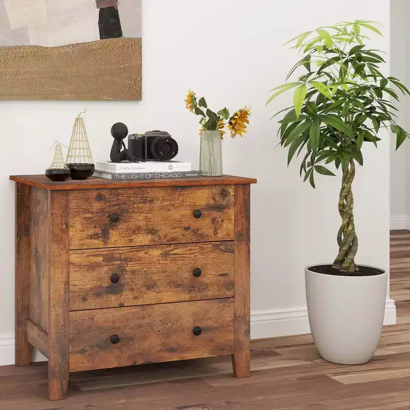 2 commodes à 3 tiroirs avec poignées pratiques, rails de guidage lisses, table d'appoint Noyer/Brun
