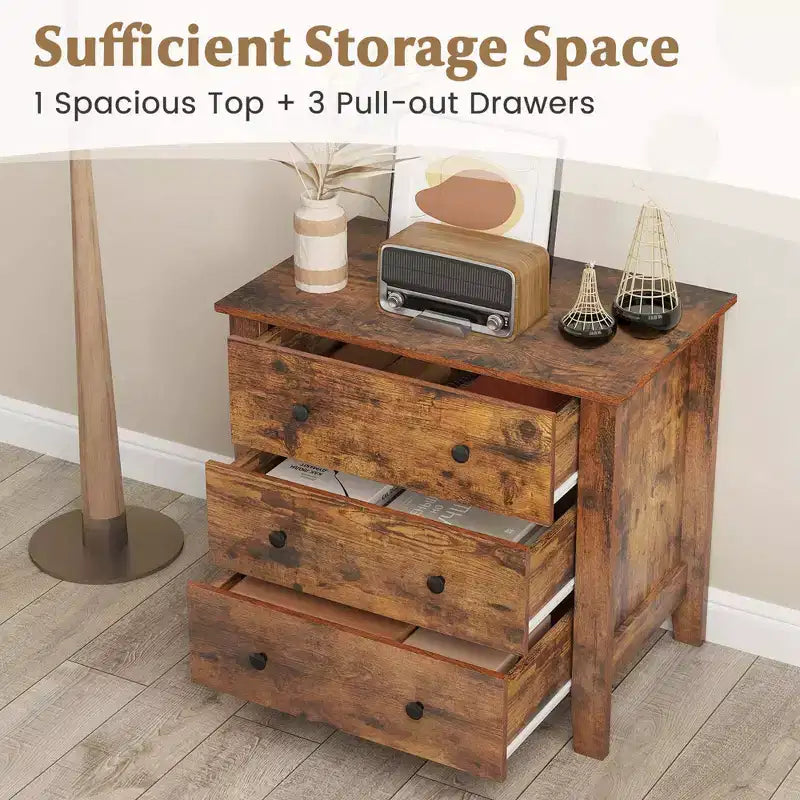 2 commodes à 3 tiroirs avec poignées pratiques, rails de guidage lisses, table d'appoint Noyer/Brun
