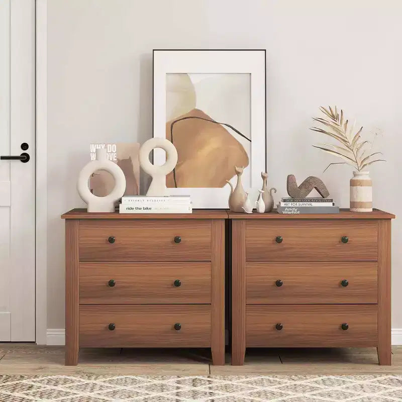 2 commodes à 3 tiroirs avec poignées pratiques, rails de guidage lisses, table d'appoint Noyer/Brun