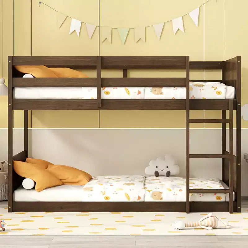 Whisen Twin Over Twin Rubber Wood Bunk Bed with Safety Guardrails and Ladder
