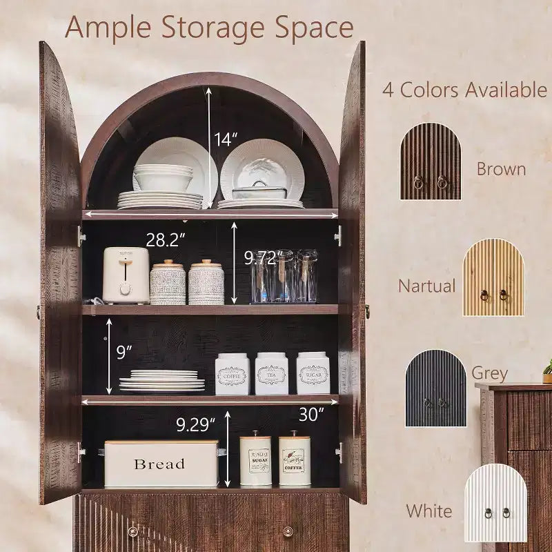 Armoire à portes cintrées, buffet de 180 cm de haut, avec étagères réglables et 2 grands tiroirs, meuble de rangement pour salon, salle de bain, cuisine