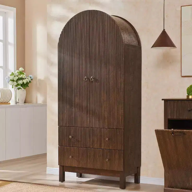 Armoire à portes cintrées, buffet de 180 cm de haut, avec étagères réglables et 2 grands tiroirs, meuble de rangement pour salon, salle de bain, cuisine