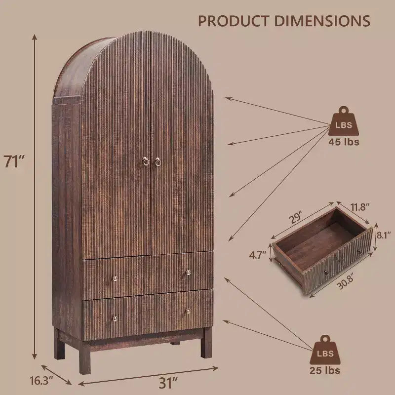Armoire à portes cintrées, buffet de 180 cm de haut, avec étagères réglables et 2 grands tiroirs, meuble de rangement pour salon, salle de bain, cuisine