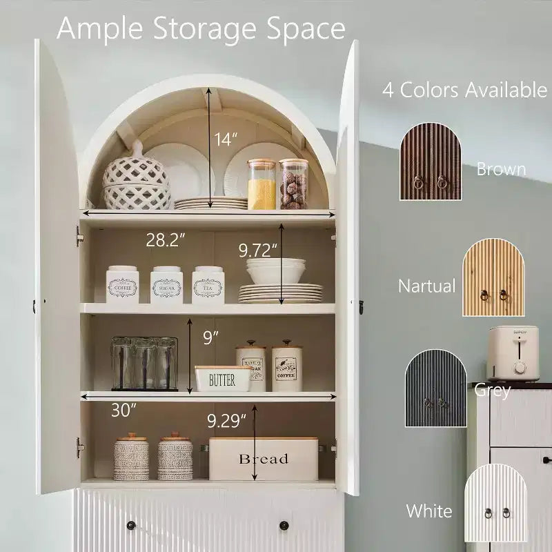 Armoire à portes cintrées, buffet de 180 cm de haut, avec étagères réglables et 2 grands tiroirs, meuble de rangement pour salon, salle de bain, cuisine