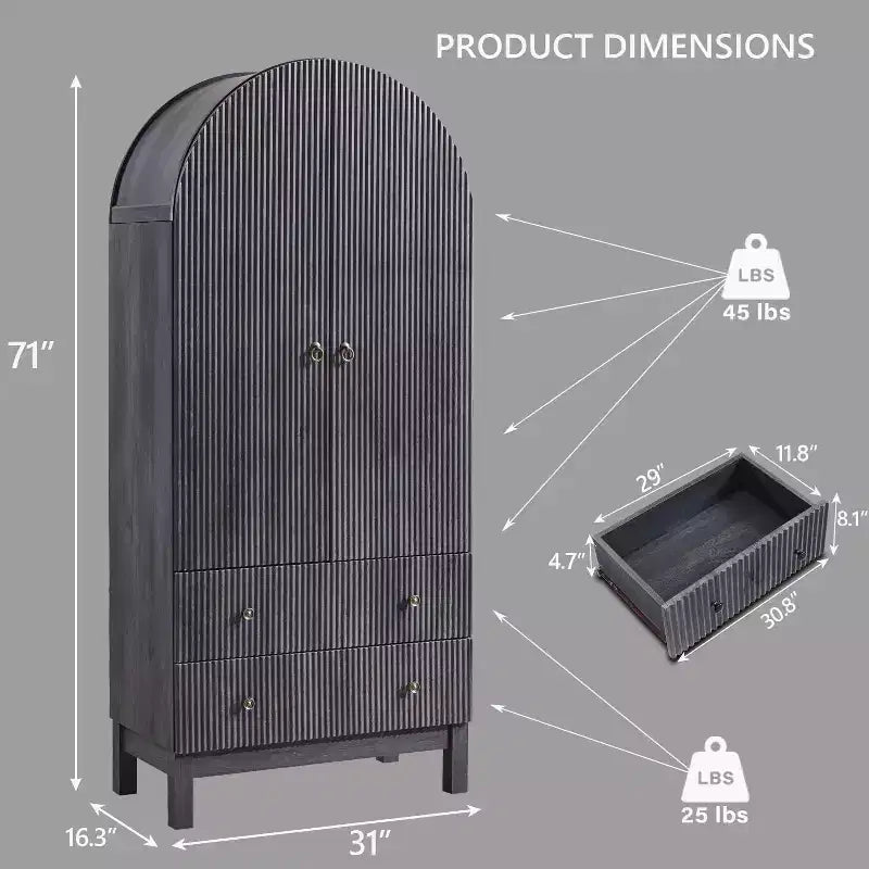 Armoire à portes cintrées, buffet de 180 cm de haut, avec étagères réglables et 2 grands tiroirs, meuble de rangement pour salon, salle de bain, cuisine
