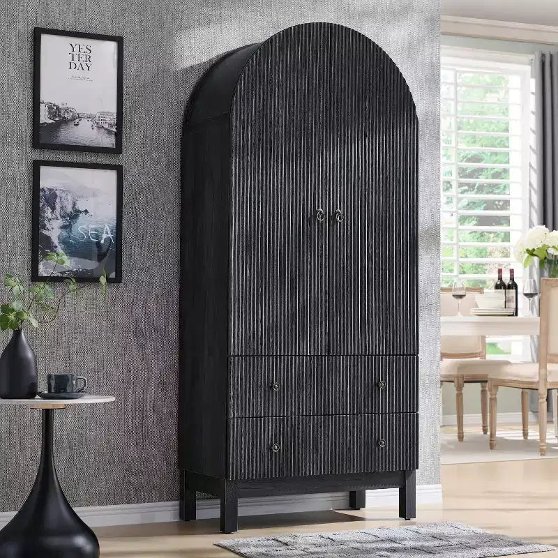 Armoire à portes cintrées, buffet de 180 cm de haut, avec étagères réglables et 2 grands tiroirs, meuble de rangement pour salon, salle de bain, cuisine