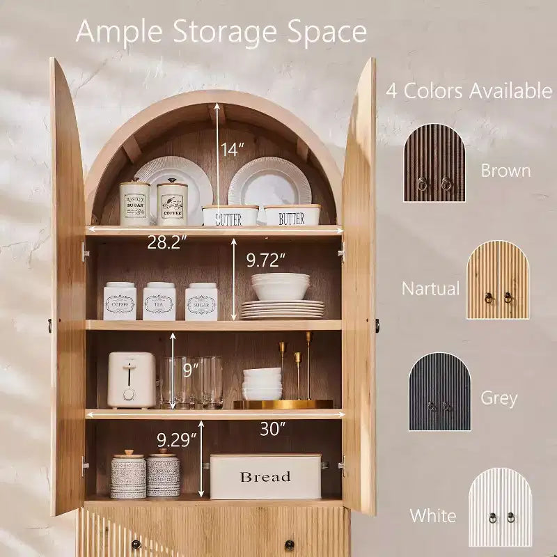 Armoire à portes cintrées, buffet de 180 cm de haut, avec étagères réglables et 2 grands tiroirs, meuble de rangement pour salon, salle de bain, cuisine