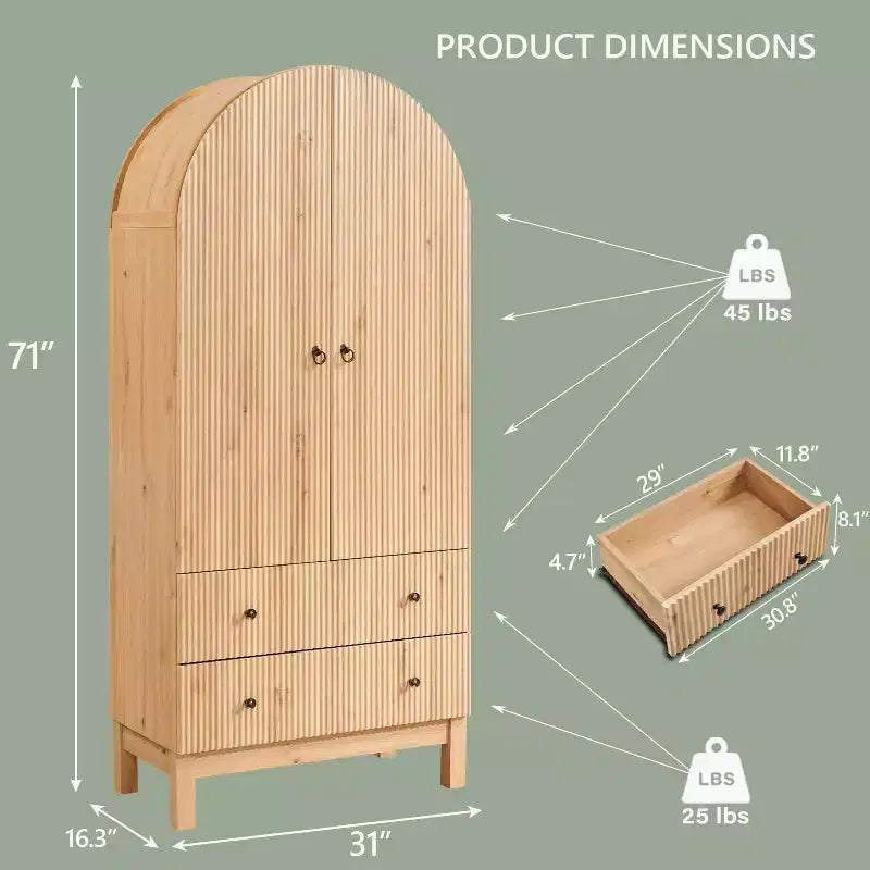 Armoire à portes cintrées, buffet de 180 cm de haut, avec étagères réglables et 2 grands tiroirs, meuble de rangement pour salon, salle de bain, cuisine