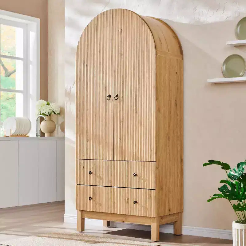 Armoire à portes cintrées, buffet de 180 cm de haut, avec étagères réglables et 2 grands tiroirs, meuble de rangement pour salon, salle de bain, cuisine