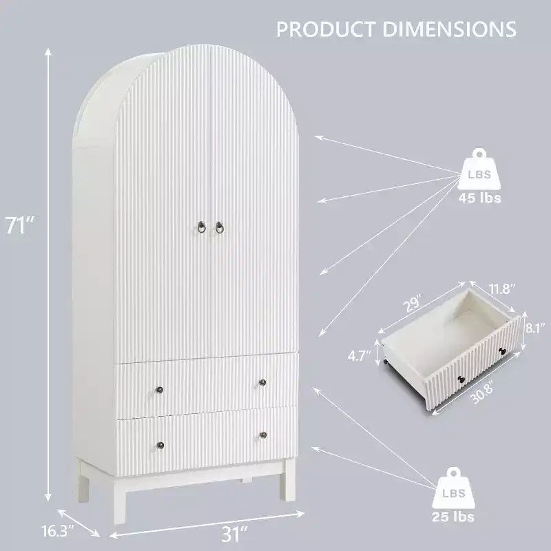 Armoire à portes cintrées, buffet de 180 cm de haut, avec étagères réglables et 2 grands tiroirs, meuble de rangement pour salon, salle de bain, cuisine