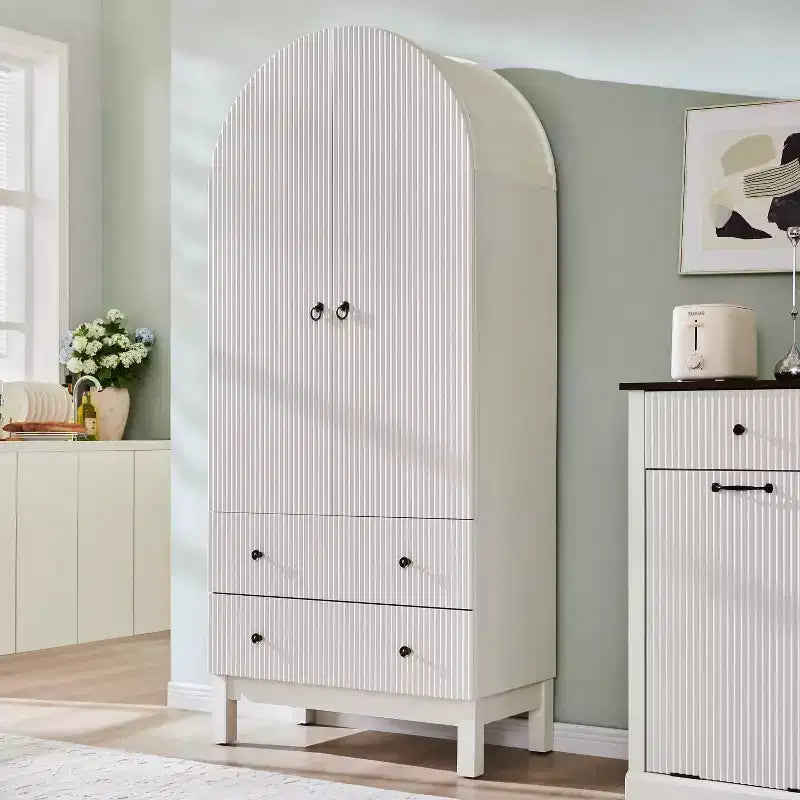 Armoire à portes cintrées, buffet de 180 cm de haut, avec étagères réglables et 2 grands tiroirs, meuble de rangement pour salon, salle de bain, cuisine