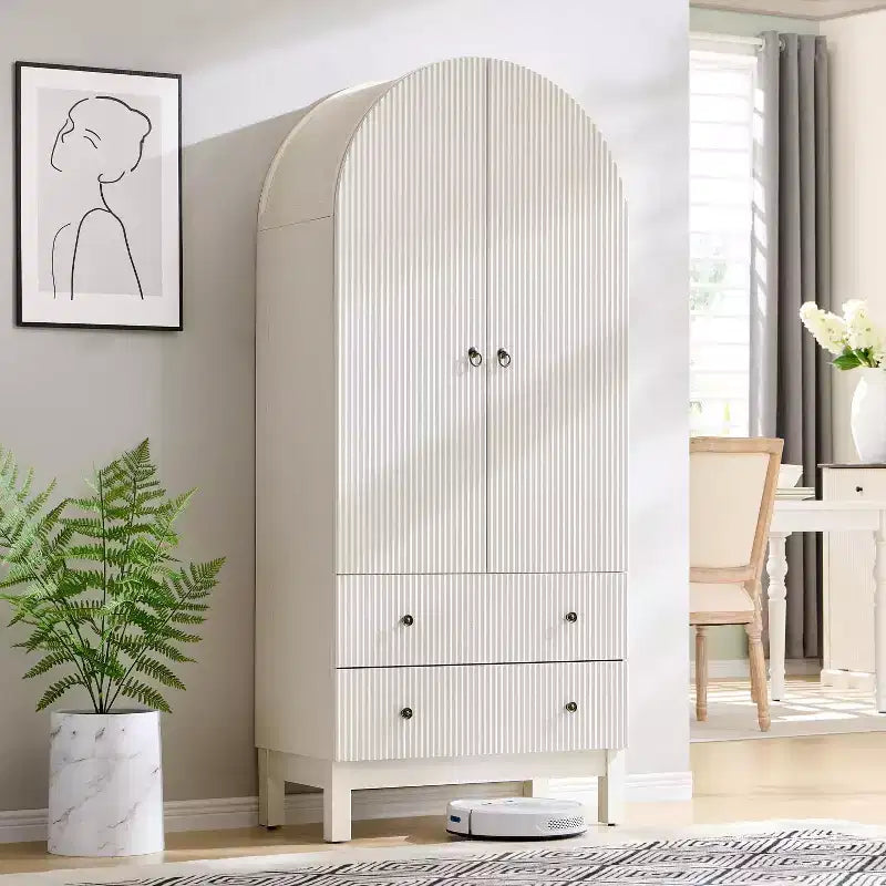 Armoire à portes cintrées, buffet de 180 cm de haut, avec étagères réglables et 2 grands tiroirs, meuble de rangement pour salon, salle de bain, cuisine