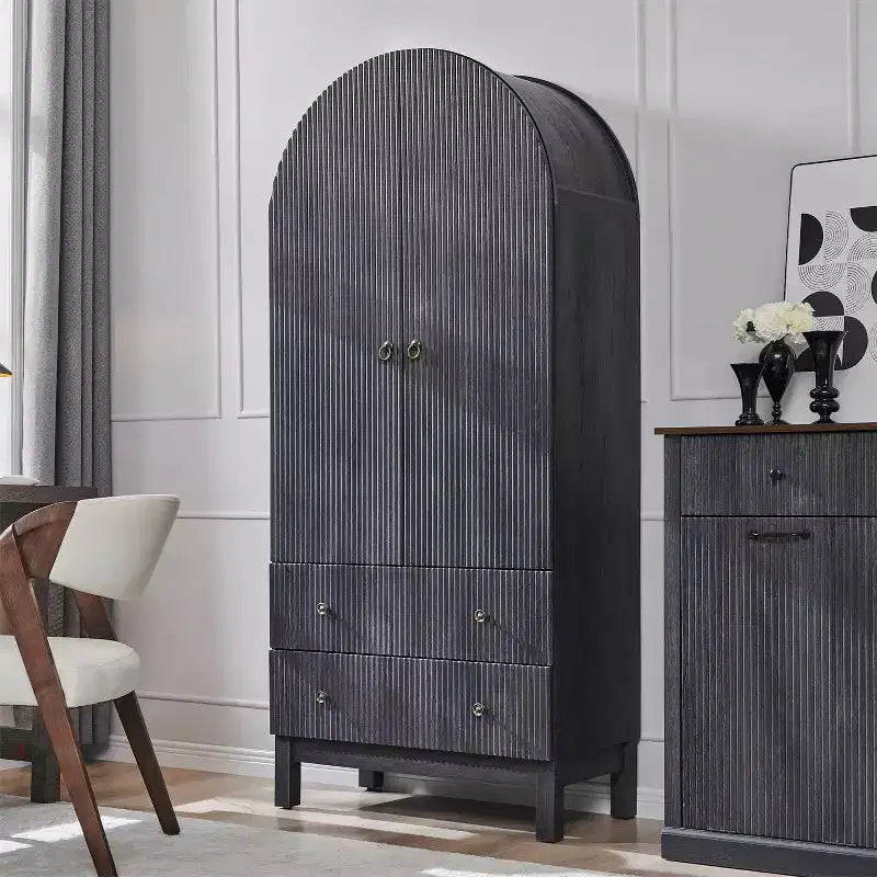 Armoire à portes cintrées, buffet de 180 cm de haut, avec étagères réglables et 2 grands tiroirs, meuble de rangement pour salon, salle de bain, cuisine
