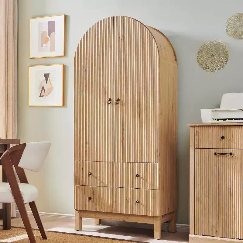 Armoire à portes cintrées, buffet de 180 cm de haut, avec étagères réglables et 2 grands tiroirs, meuble de rangement pour salon, salle de bain, cuisine