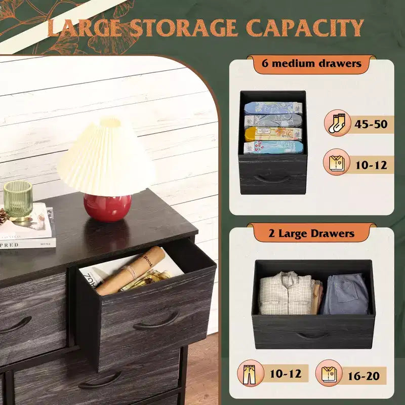 Commode à 8 tiroirs pour chambre à coucher, unité de rangement en tissu, grande commode à tiroirs pour entrée et salon
