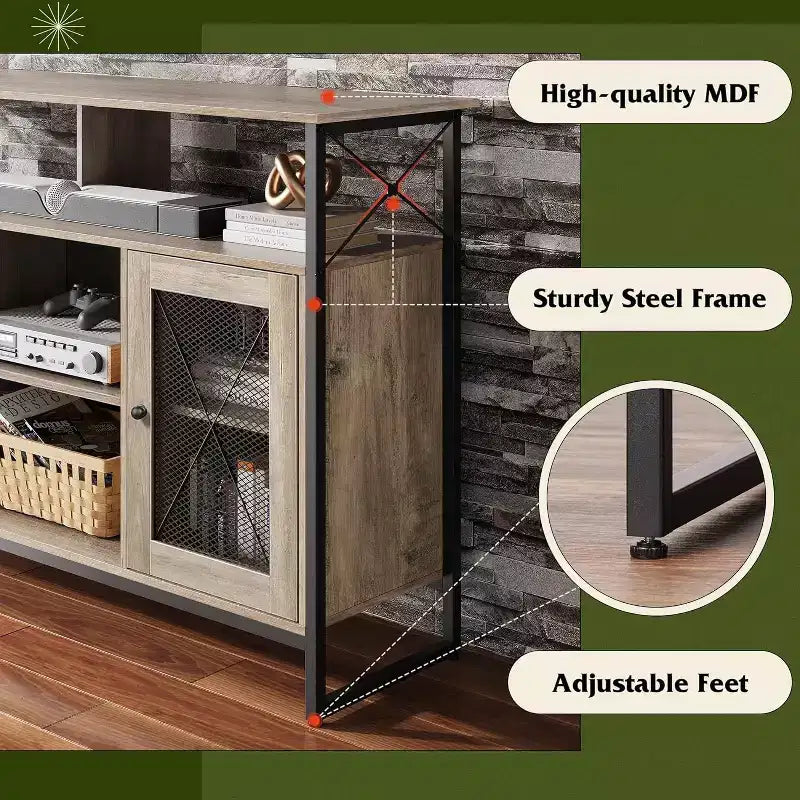 Meuble TV pour téléviseur 55 pouces, meuble de divertissement haut avec rangements, console TV industrielle pour chambre à coucher et salon