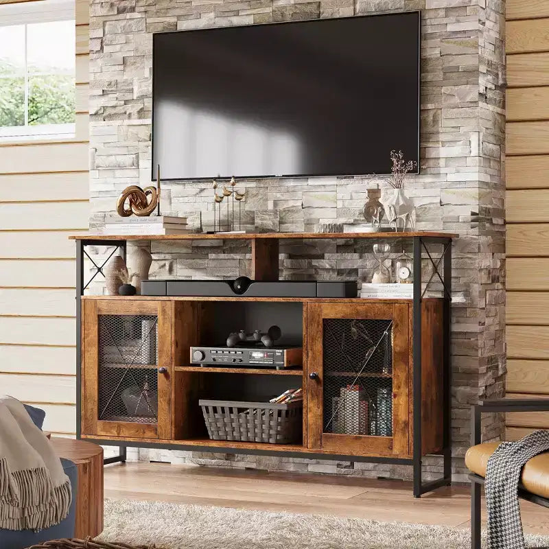 Meuble TV pour téléviseur 55 pouces, meuble de divertissement haut avec rangements, console TV industrielle pour chambre à coucher et salon