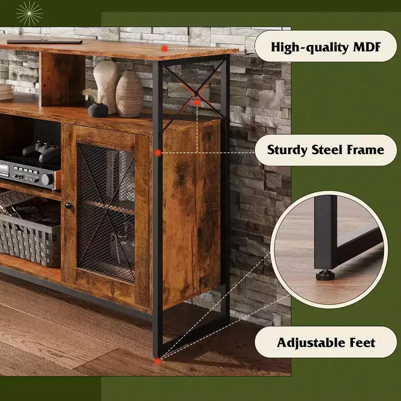 Meuble TV pour téléviseur 55 pouces, meuble de divertissement haut avec rangements, console TV industrielle pour chambre à coucher et salon