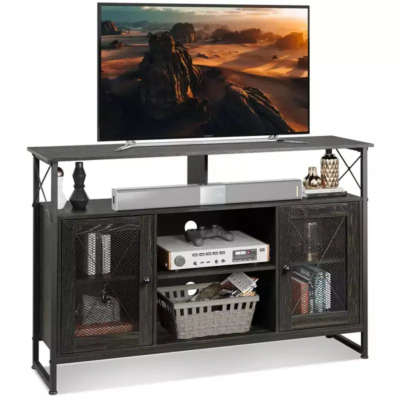 Meuble TV pour téléviseur 55 pouces, meuble de divertissement haut avec rangements, console TV industrielle pour chambre à coucher et salon