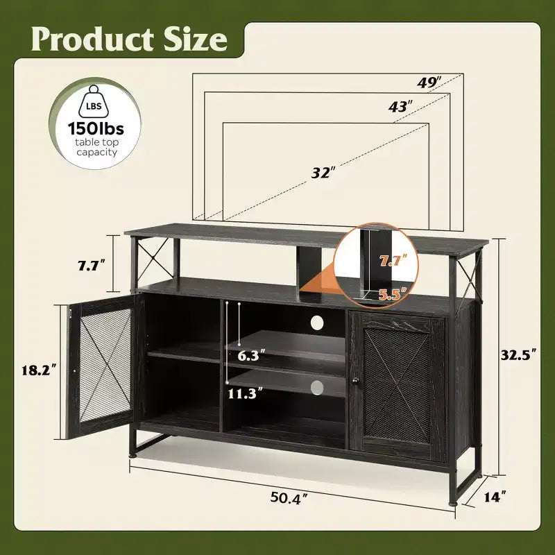 Meuble TV pour téléviseur 55 pouces, meuble de divertissement haut avec rangements, console TV industrielle pour chambre à coucher et salon