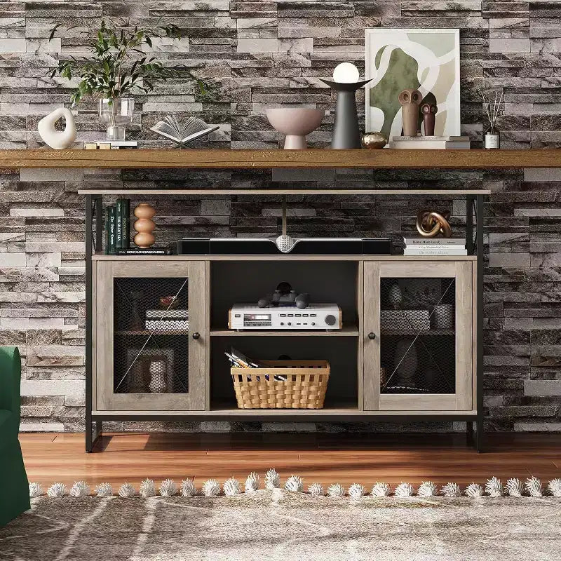 Meuble TV pour téléviseur 55 pouces, meuble de divertissement haut avec rangements, console TV industrielle pour chambre à coucher et salon