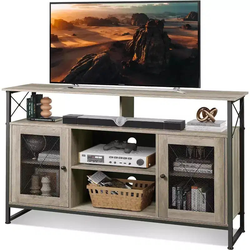 Meuble TV pour téléviseur 55 pouces, meuble de divertissement haut avec rangements, console TV industrielle pour chambre à coucher et salon