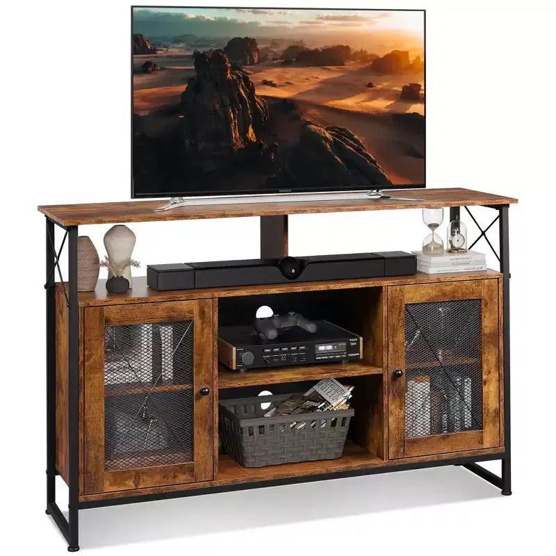 Meuble TV pour téléviseur 55 pouces, meuble de divertissement haut avec rangements, console TV industrielle pour chambre à coucher et salon