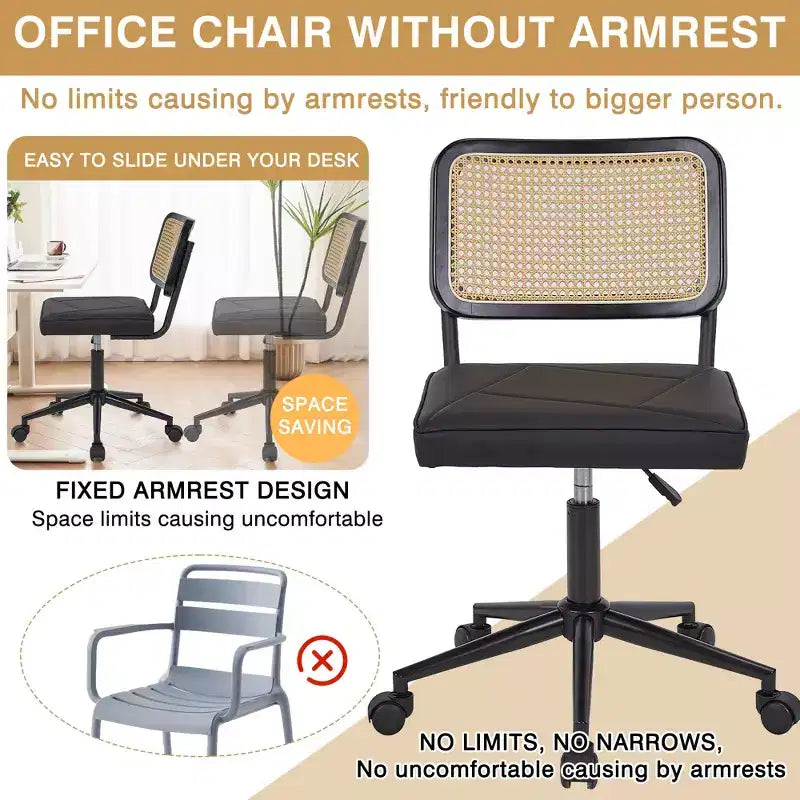 Chaise de bureau en cuir PU, Chaise de vanité pivotante réglable en hauteur sans accoudoirs avec roulettes, Chaise de bureau à dossier en rotin pour petits espaces, Noir/Blanc