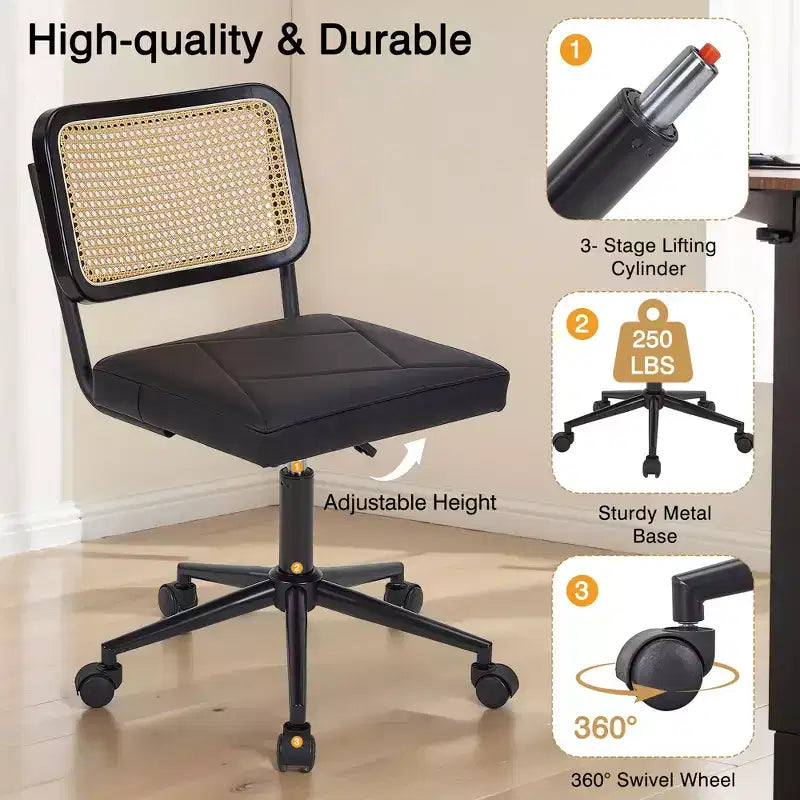 Chaise de bureau en cuir PU, Chaise de vanité pivotante réglable en hauteur sans accoudoirs avec roulettes, Chaise de bureau à dossier en rotin pour petits espaces, Noir/Blanc