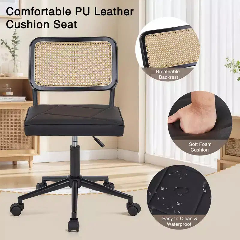 Chaise de bureau en cuir PU, Chaise de vanité pivotante réglable en hauteur sans accoudoirs avec roulettes, Chaise de bureau à dossier en rotin pour petits espaces, Noir/Blanc