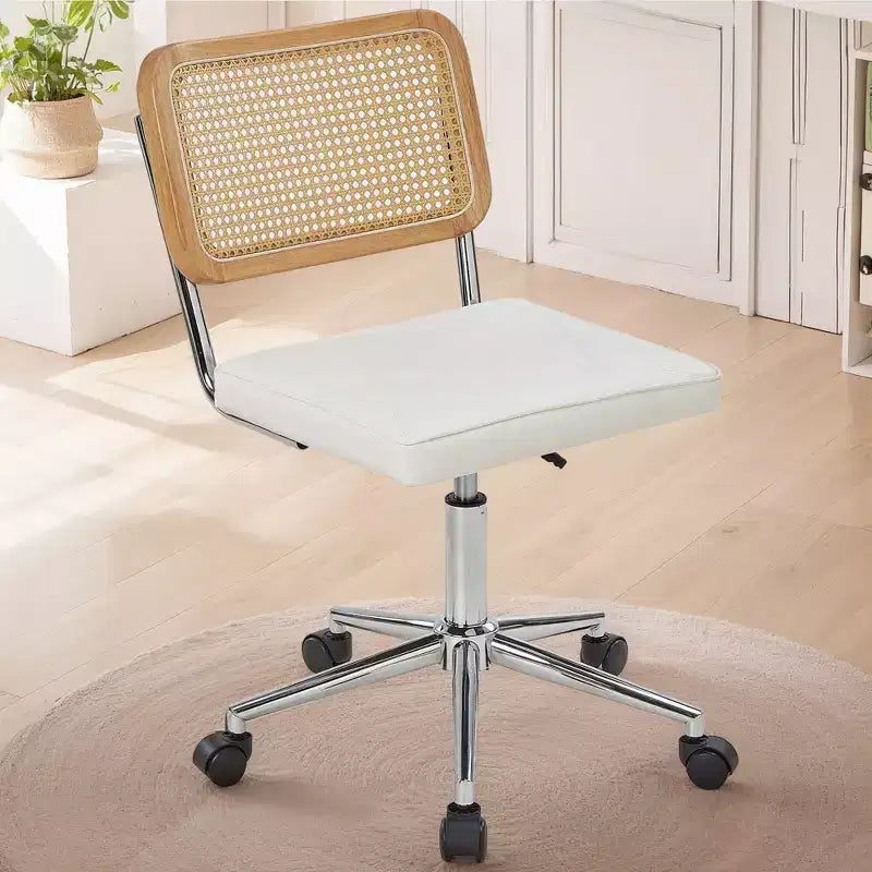 Chaise de bureau en cuir PU, Chaise de vanité pivotante réglable en hauteur sans accoudoirs avec roulettes, Chaise de bureau à dossier en rotin pour petits espaces, Noir/Blanc