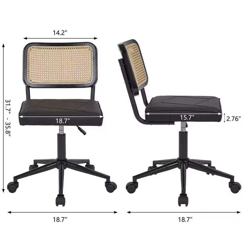 Chaise de bureau en cuir PU, Chaise de vanité pivotante réglable en hauteur sans accoudoirs avec roulettes, Chaise de bureau à dossier en rotin pour petits espaces, Noir/Blanc
