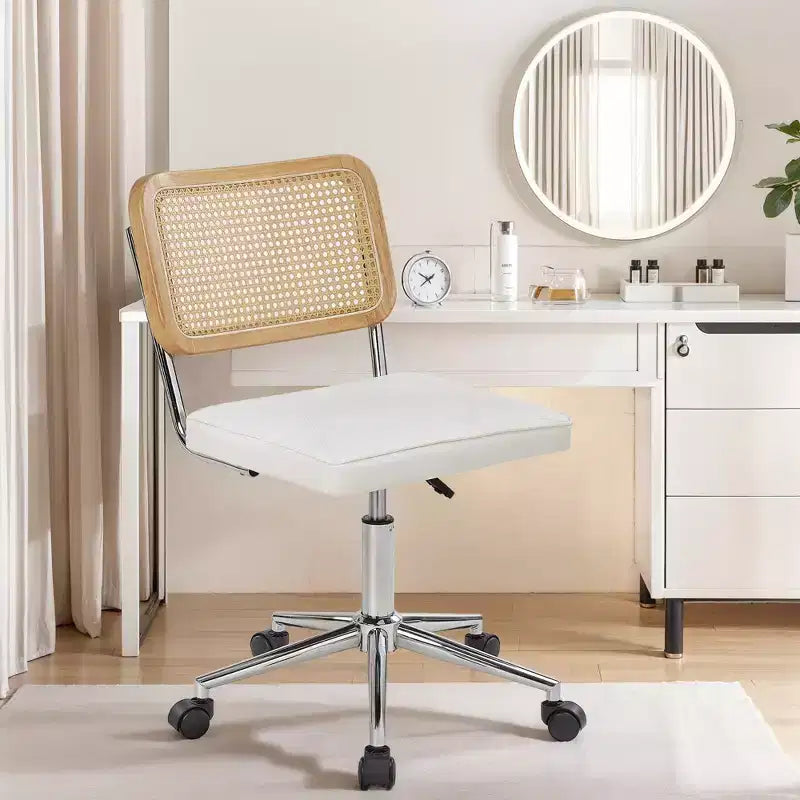 Chaise de bureau en cuir PU, Chaise de vanité pivotante réglable en hauteur sans accoudoirs avec roulettes, Chaise de bureau à dossier en rotin pour petits espaces, Noir/Blanc