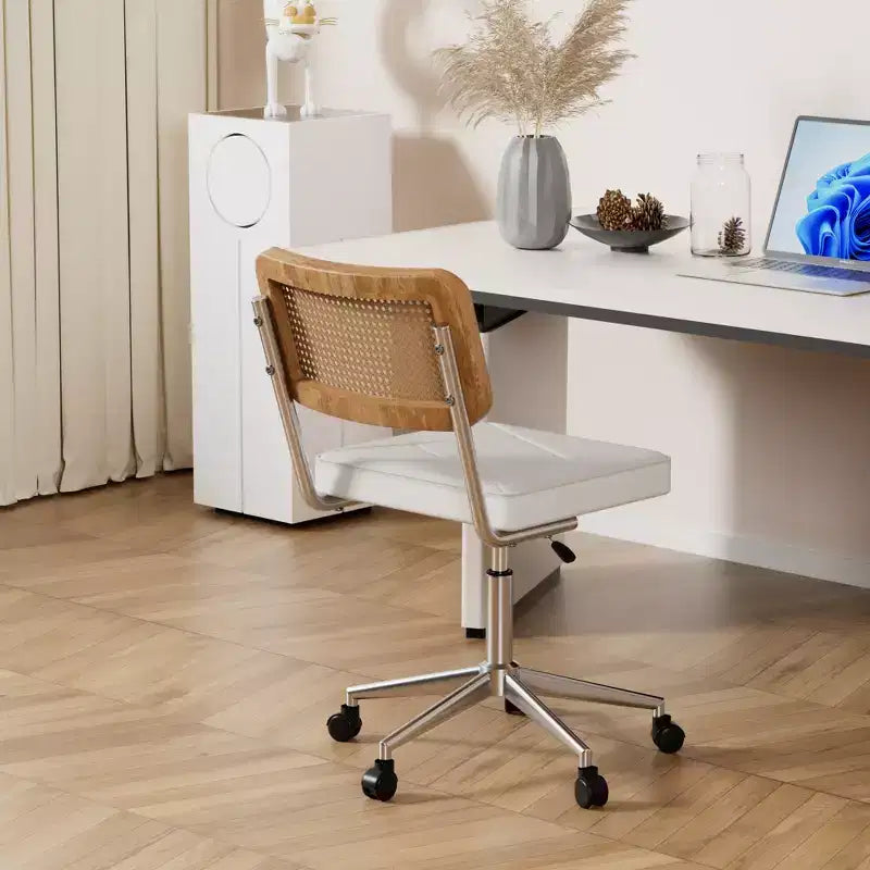 Chaise de bureau en cuir PU, Chaise de vanité pivotante réglable en hauteur sans accoudoirs avec roulettes, Chaise de bureau à dossier en rotin pour petits espaces, Noir/Blanc