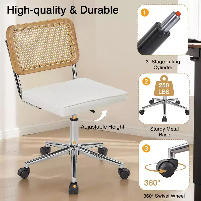 Chaise de bureau en cuir PU, Chaise de vanité pivotante réglable en hauteur sans accoudoirs avec roulettes, Chaise de bureau à dossier en rotin pour petits espaces, Noir/Blanc