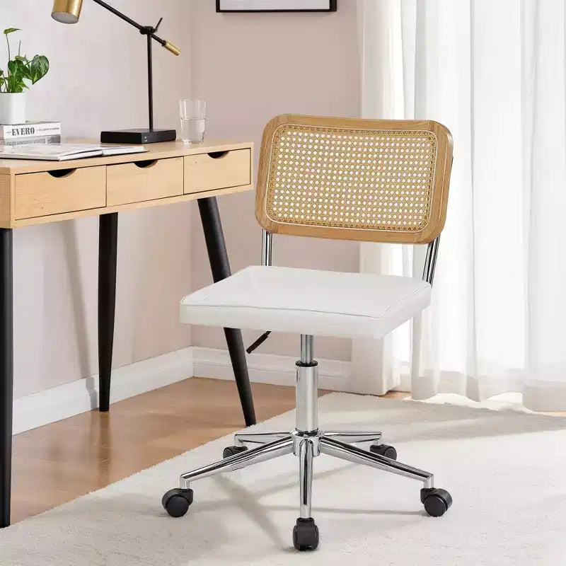 Chaise de bureau en cuir PU, Chaise de vanité pivotante réglable en hauteur sans accoudoirs avec roulettes, Chaise de bureau à dossier en rotin pour petits espaces, Noir/Blanc