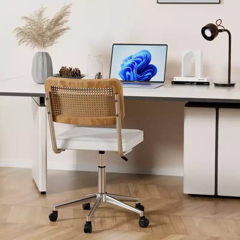 Chaise de bureau en cuir PU, Chaise de vanité pivotante réglable en hauteur sans accoudoirs avec roulettes, Chaise de bureau à dossier en rotin pour petits espaces, Noir/Blanc