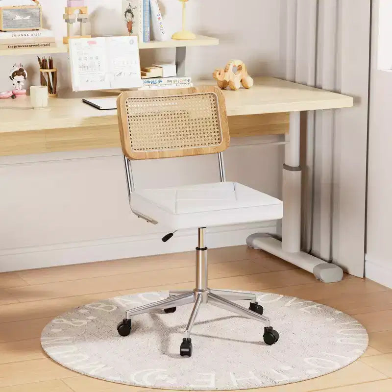 Chaise de bureau en cuir PU, Chaise de vanité pivotante réglable en hauteur sans accoudoirs avec roulettes, Chaise de bureau à dossier en rotin pour petits espaces, Noir/Blanc