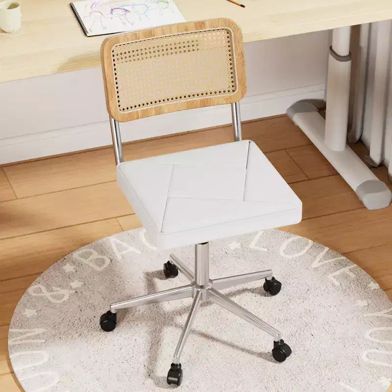 Chaise de bureau en cuir PU, Chaise de vanité pivotante réglable en hauteur sans accoudoirs avec roulettes, Chaise de bureau à dossier en rotin pour petits espaces, Noir/Blanc