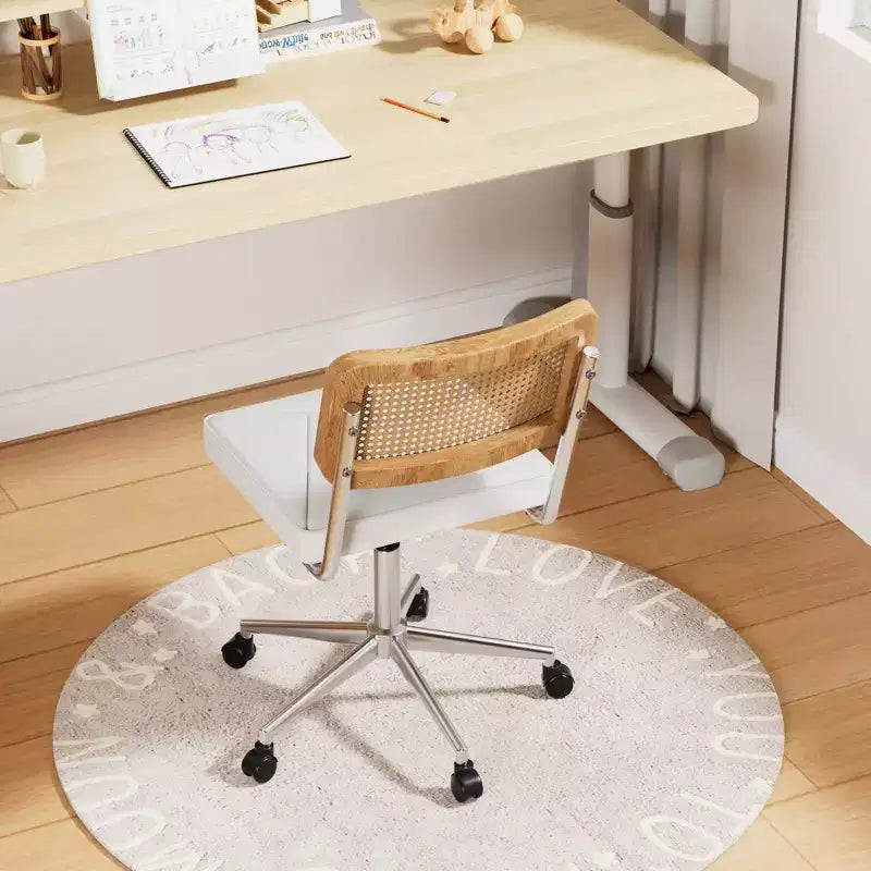 Chaise de bureau en cuir PU, Chaise de vanité pivotante réglable en hauteur sans accoudoirs avec roulettes, Chaise de bureau à dossier en rotin pour petits espaces, Noir/Blanc
