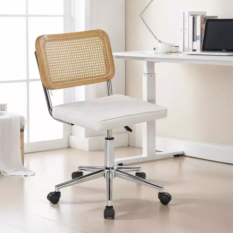 VECELO PU Leather Office Chair, Height Adjustable Swivel Armless Vanity Chair with Wheels, Rattan Back Desk Chair for Small Spaces, Black/White
