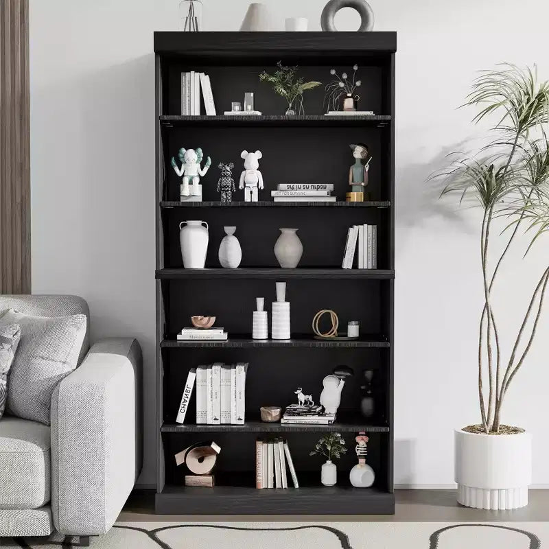 62 Black Wood Grain Doorless Decorative Storage Cabinet Bookcase