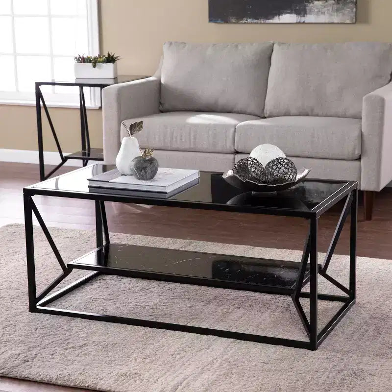 Table basse de cocktail à plateau en verre avec rangement - Noir