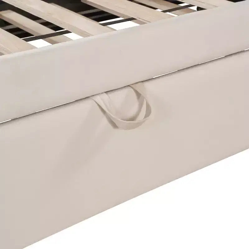 Lit de repos d'angle rembourré grand format avec lit gigogne relevable double, cadre de canapé-lit en velours rayé, beige/gris