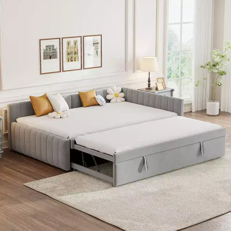 Lit de repos d'angle rembourré grand format avec lit gigogne relevable double, cadre de canapé-lit en velours rayé, beige/gris