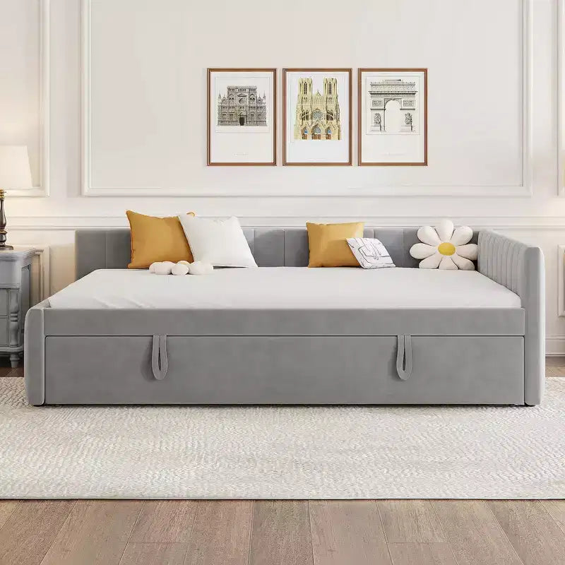 Lit de repos d'angle rembourré grand format avec lit gigogne relevable double, cadre de canapé-lit en velours rayé, beige/gris