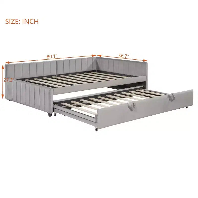 Lit de repos d'angle rembourré grand format avec lit gigogne relevable double, cadre de canapé-lit en velours rayé, beige/gris