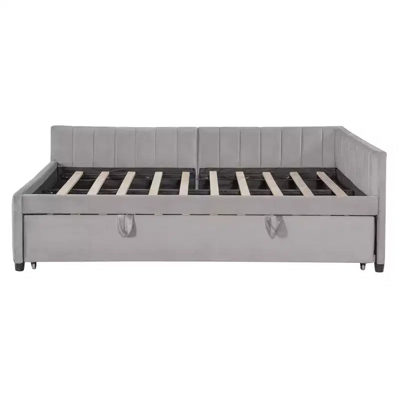 Lit de repos d'angle rembourré grand format avec lit gigogne relevable double, cadre de canapé-lit en velours rayé, beige/gris